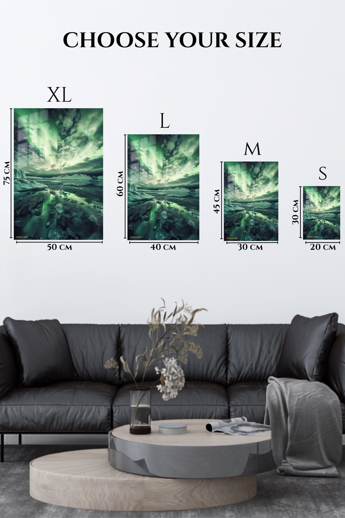 EMESA metal wall art size comparison guide for Emerald Aurora Over Ice