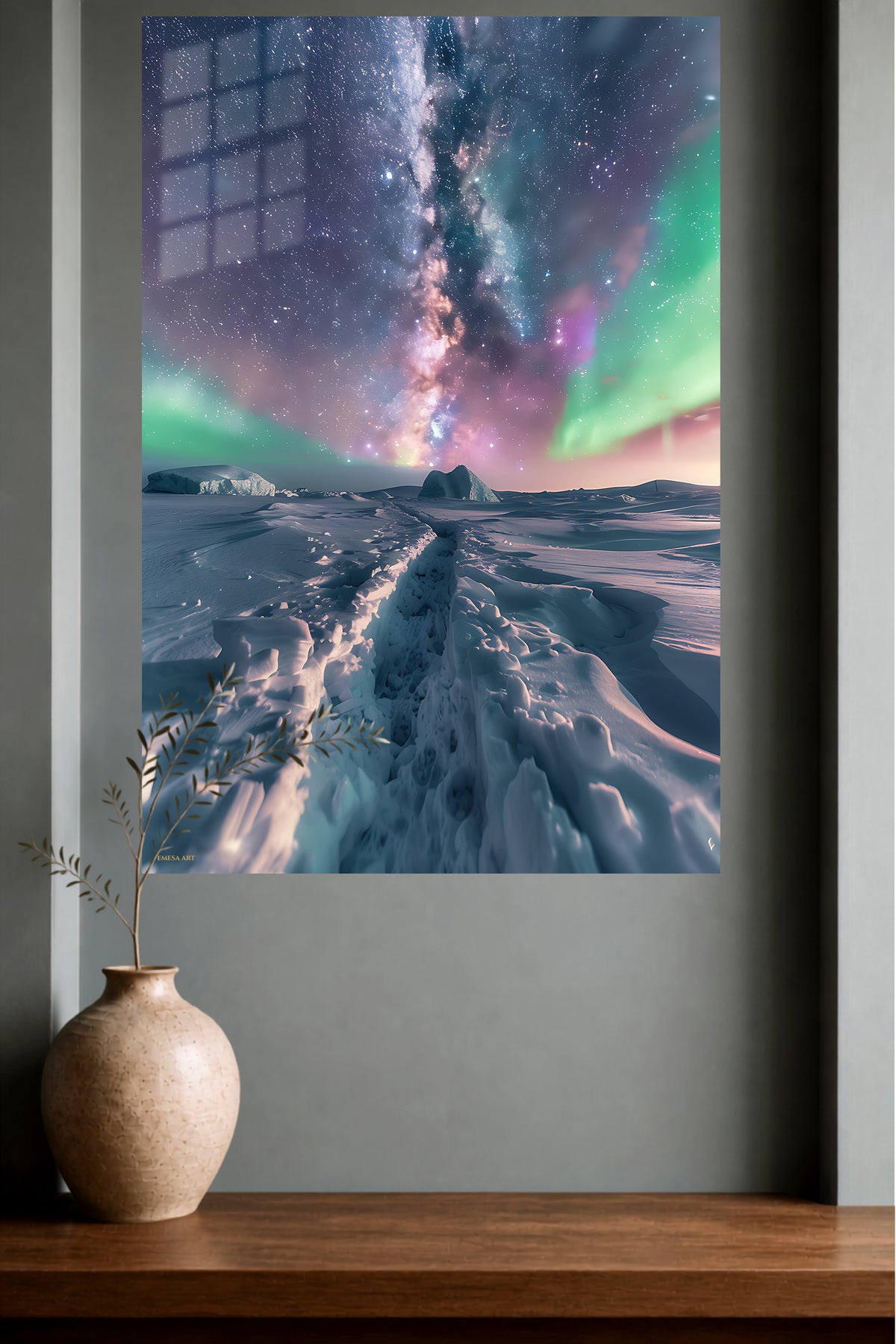 Aurora Over Frozen Ridge metal wall art displayed in a modern interior