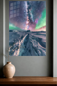 Aurora Over Frozen Ridge metal wall art displayed in a modern interior