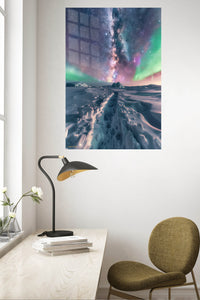 Aurora Over Frozen Ridge metal wall art displayed in a contemporary living space