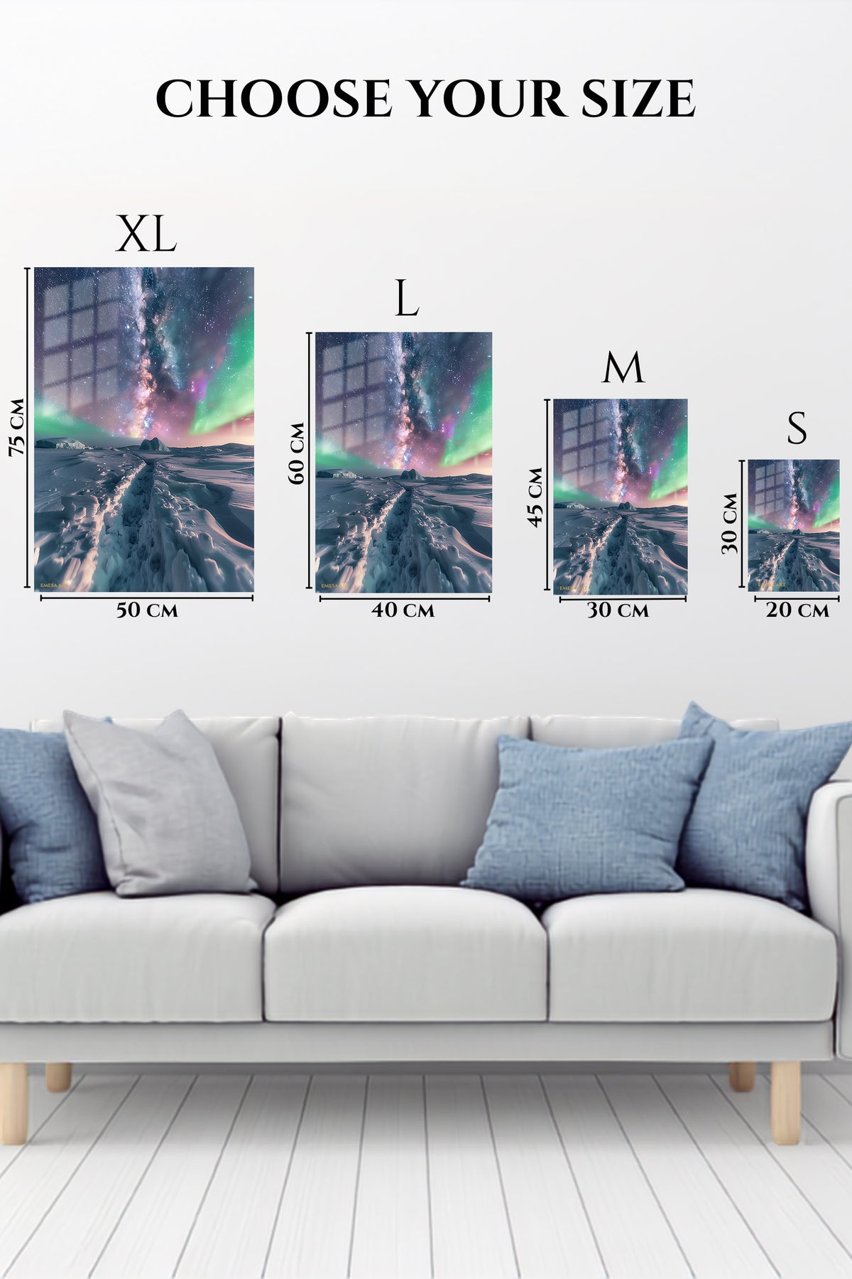 EMESA metal wall art size comparison guide for Aurora Over Frozen Ridge