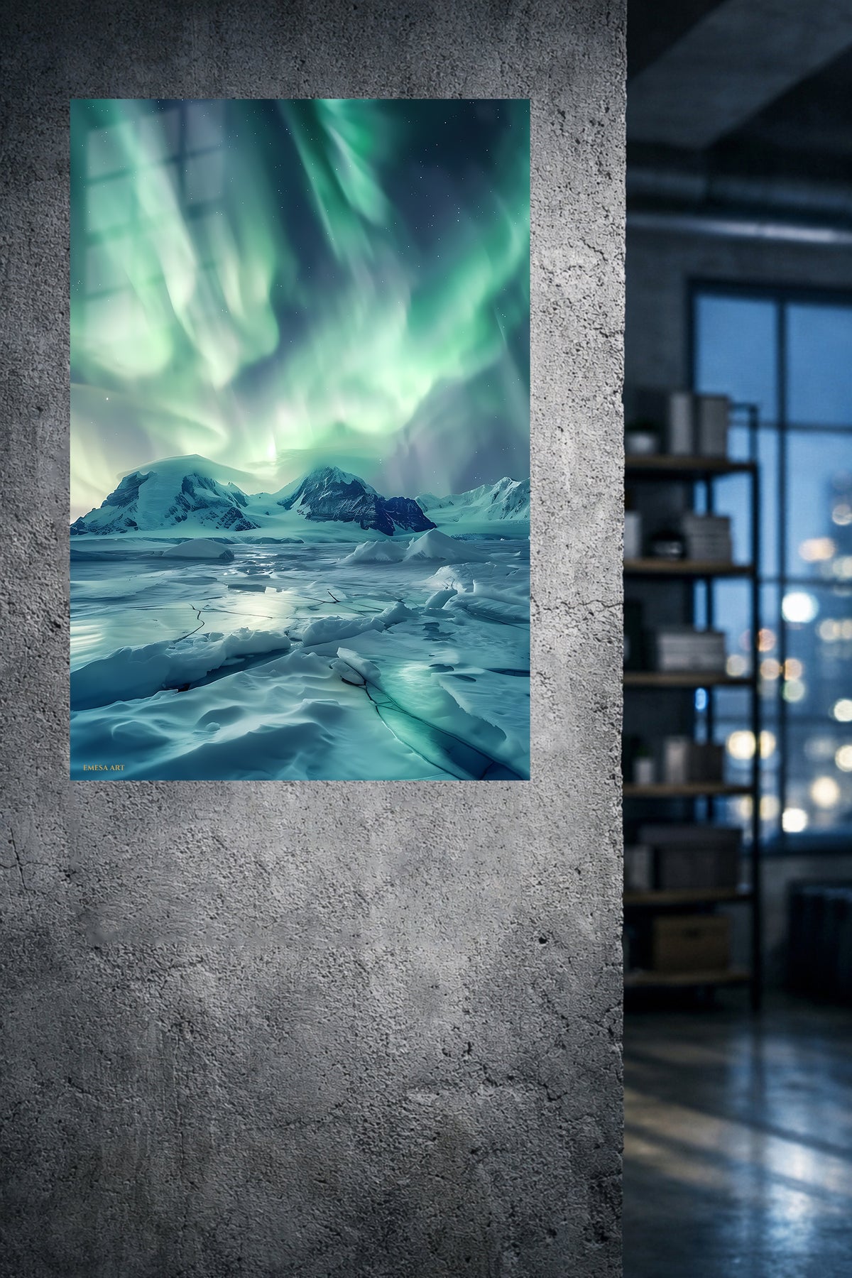 Aurora Over Frozen Peaks metal wall art displayed in a modern interior
