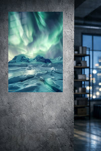 Aurora Over Frozen Peaks metal wall art displayed in a modern interior