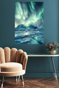 Aurora Over Frozen Peaks metal wall art displayed in a contemporary living space