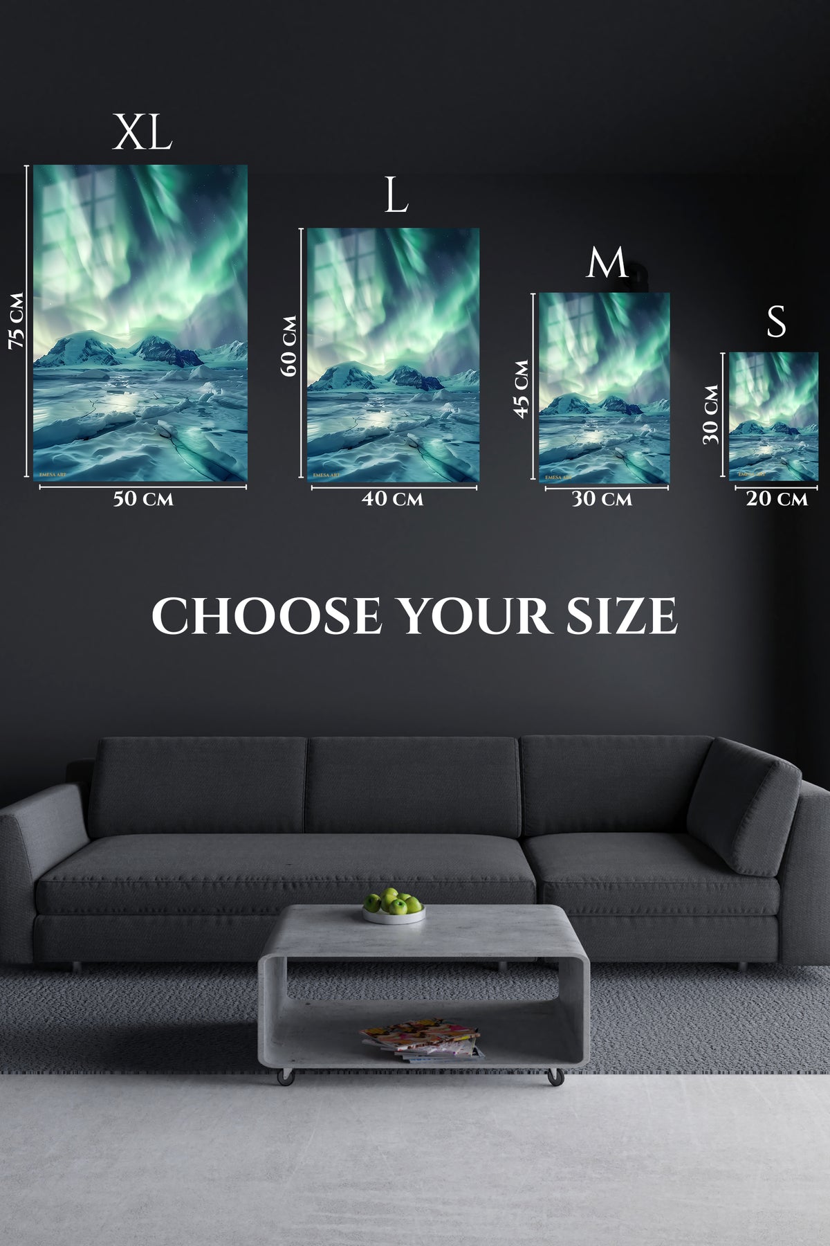 EMESA metal wall art size comparison guide for Aurora Over Frozen Peaks