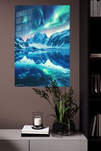 Aurora Over Frozen Peaks metal wall art displayed in a modern interior