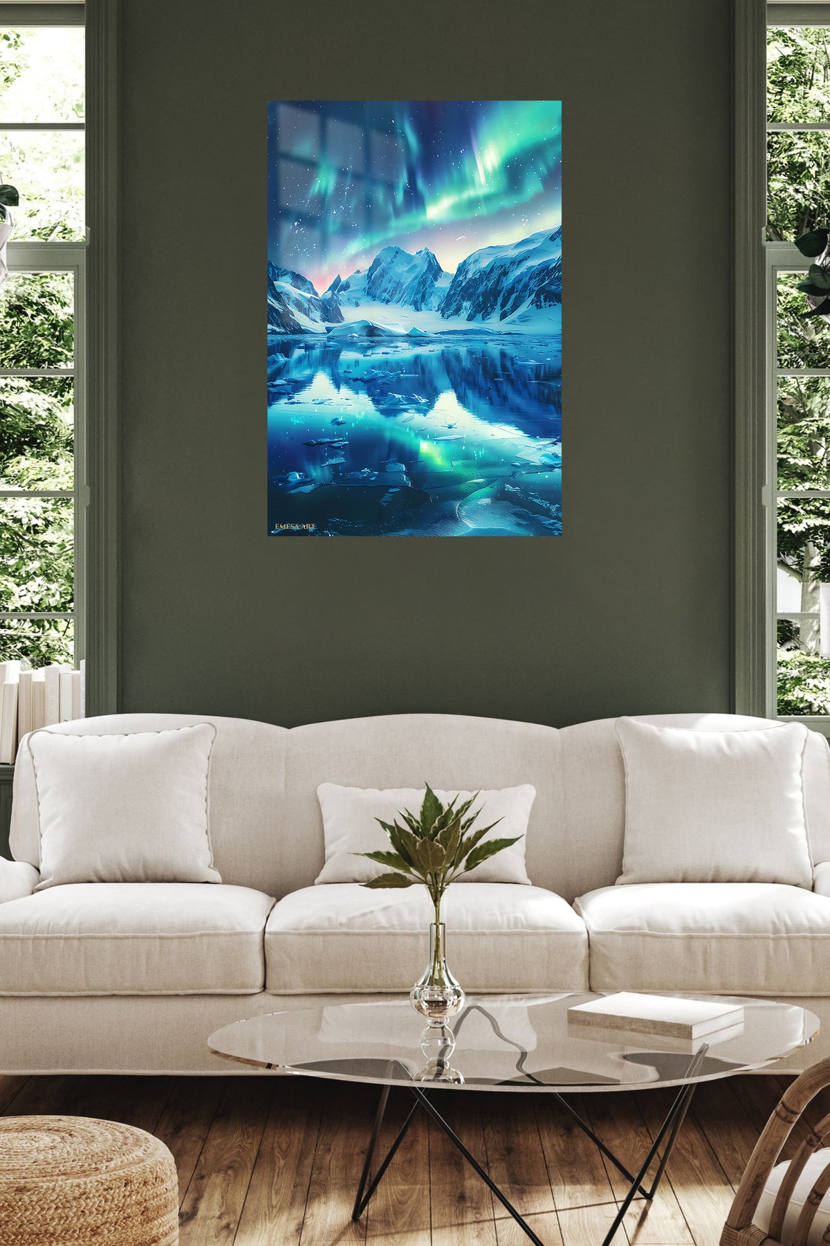 Aurora Over Frozen Peaks metal wall art displayed in a contemporary living space