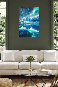 Aurora Over Frozen Peaks metal wall art displayed in a contemporary living space