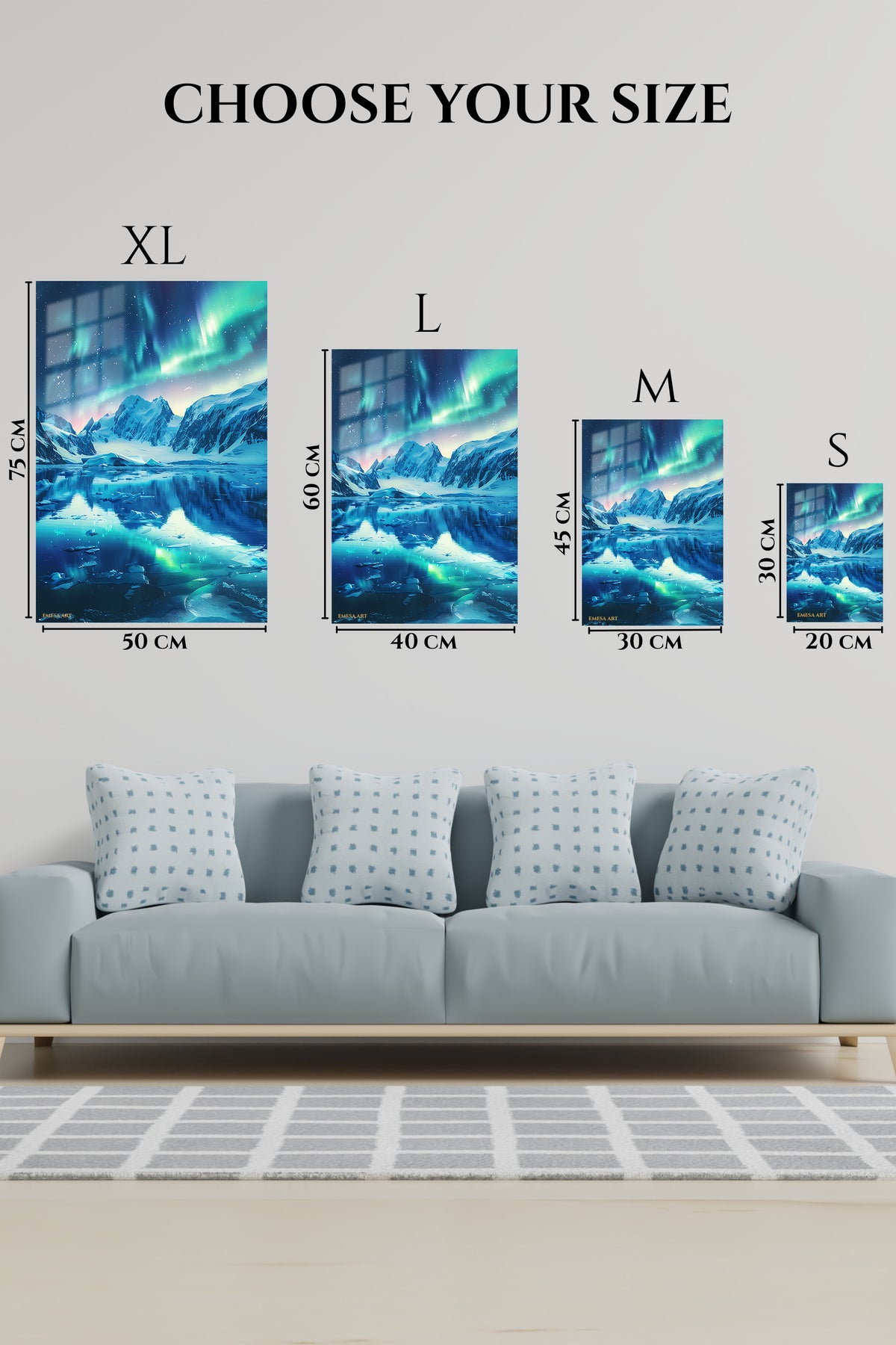 EMESA metal wall art size comparison guide for Aurora Over Frozen Peaks