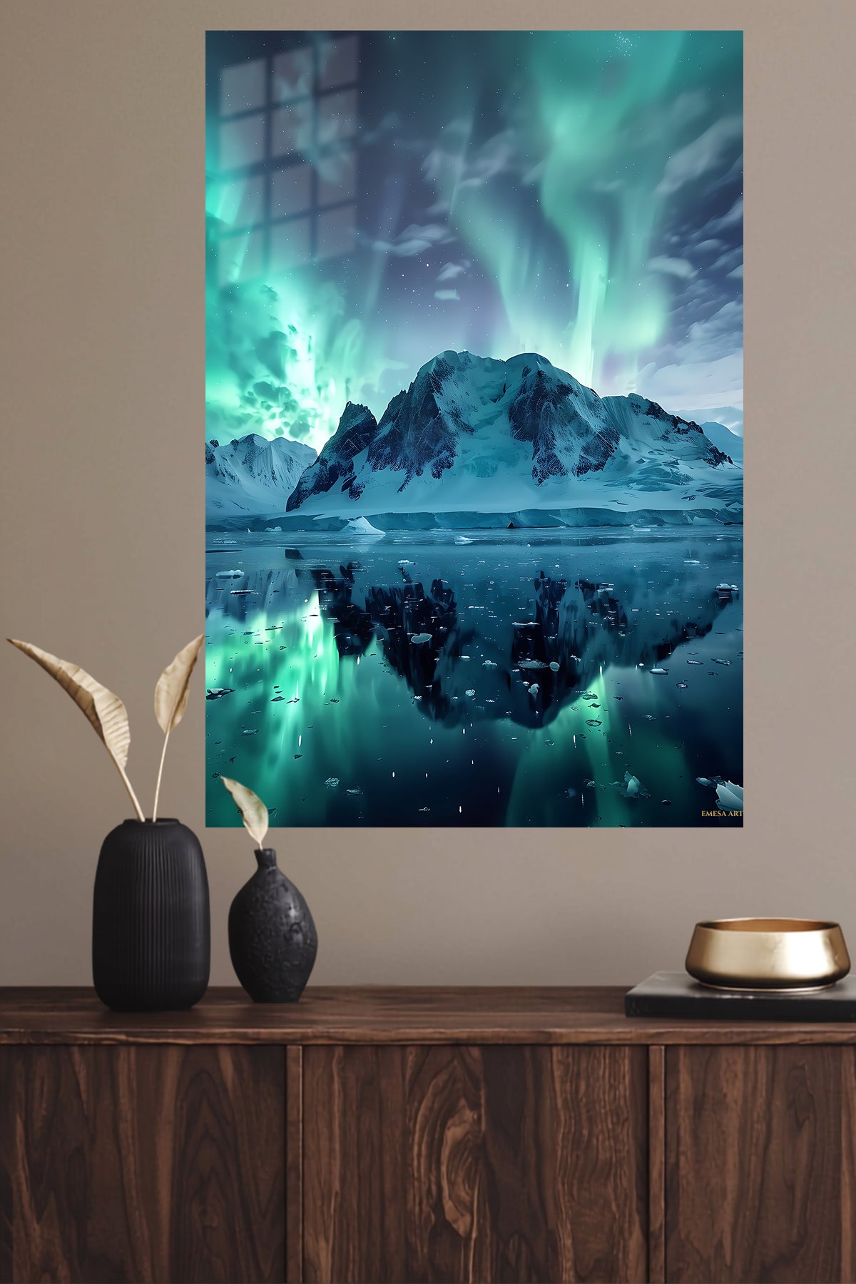 Aurora Over Frozen Peaks metal wall art displayed in a modern interior