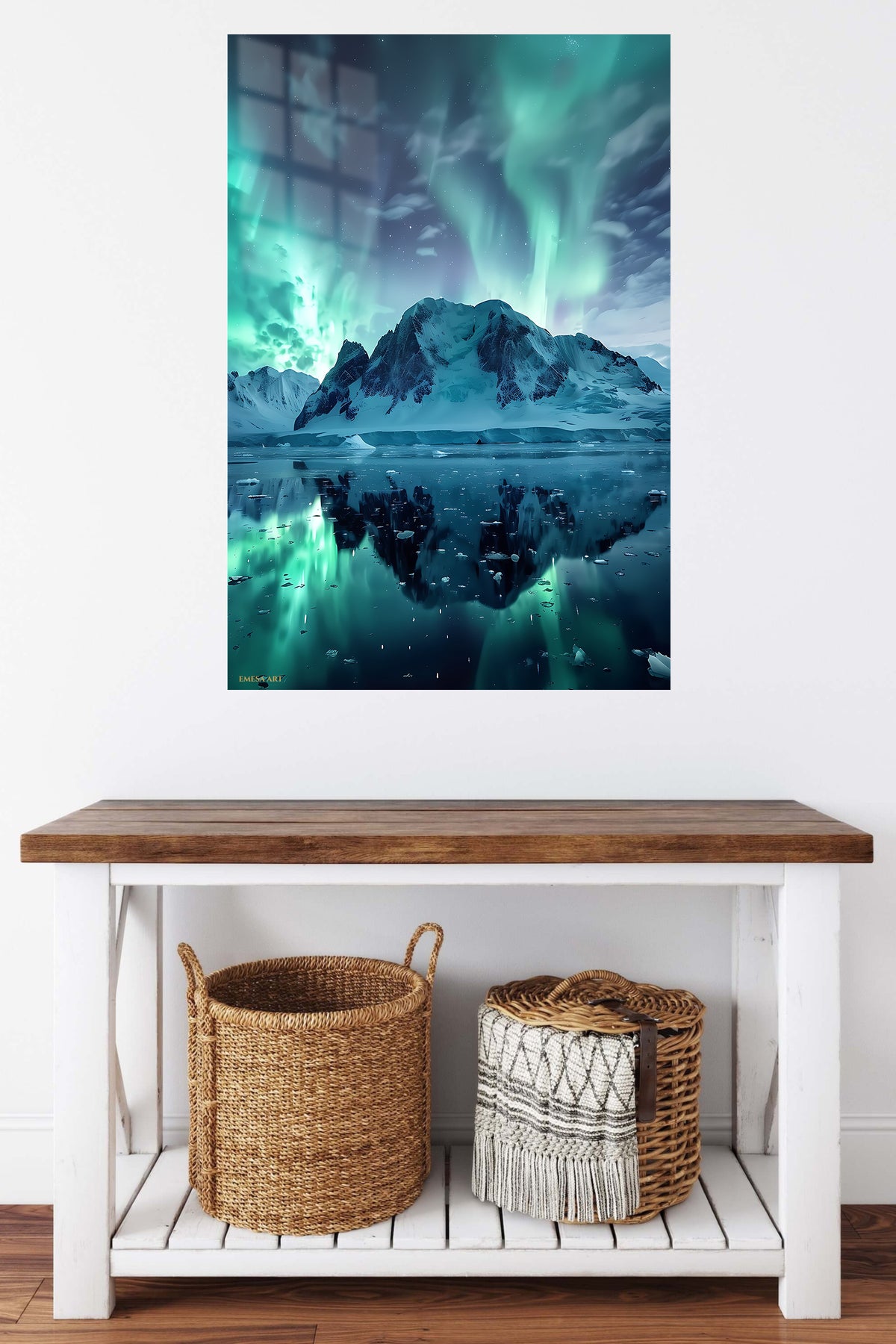 Aurora Over Frozen Peaks metal wall art displayed in a contemporary living space