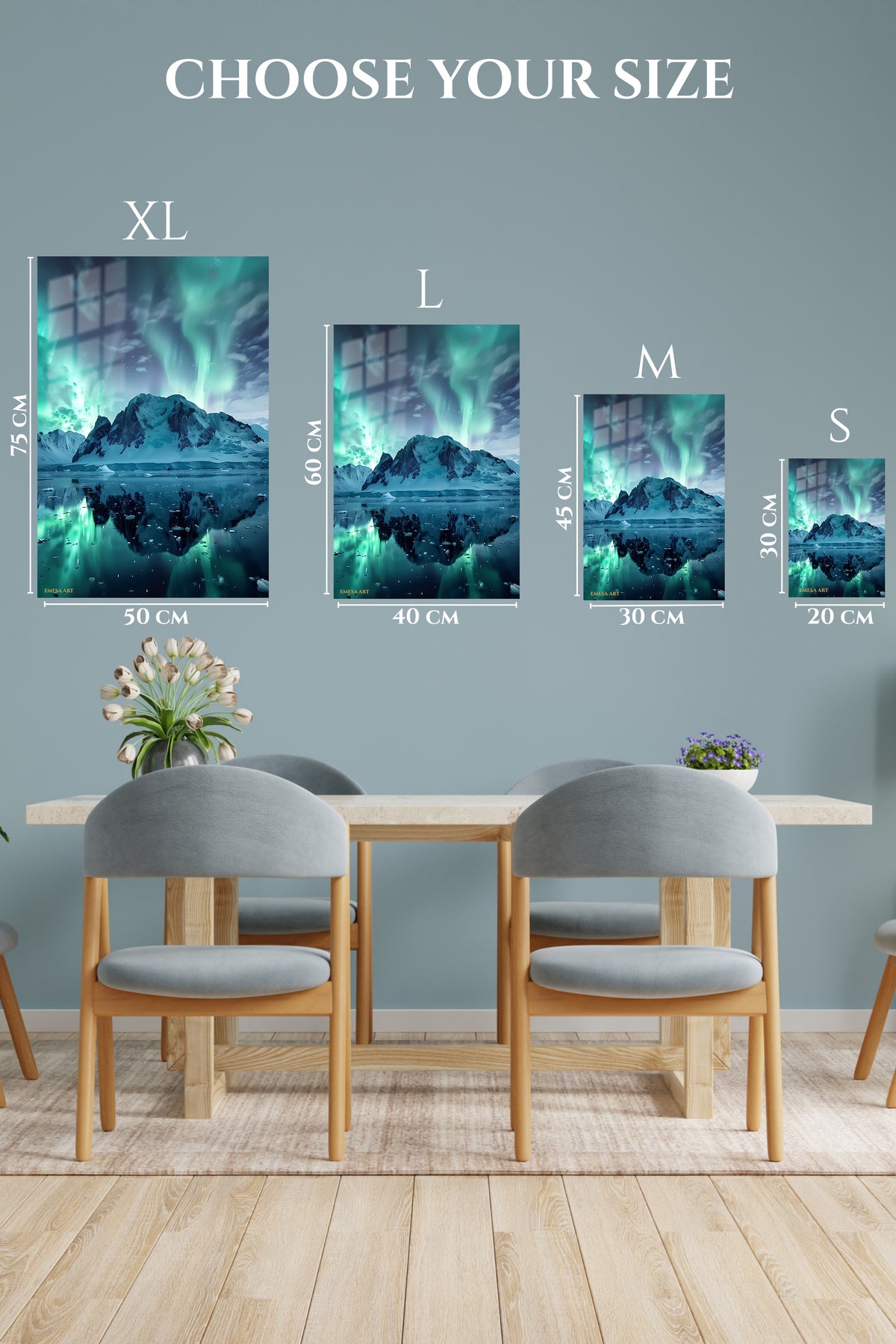 EMESA metal wall art size comparison guide for Aurora Over Frozen Peaks
