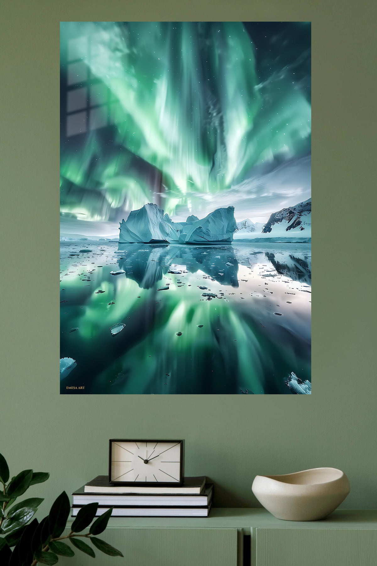 Aurora Over Frozen Lagoon metal wall art displayed in a modern interior