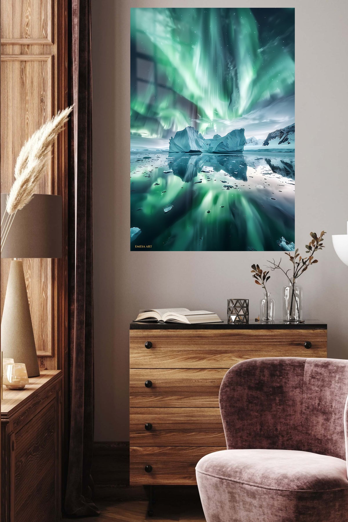 Aurora Over Frozen Lagoon metal wall art displayed in a contemporary living space