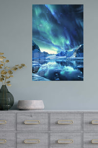 Aurora Over Frozen Mountain Lake metal wall art displayed in a modern interior