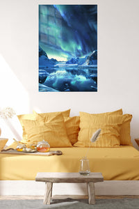 Aurora Over Frozen Mountain Lake metal wall art displayed in a contemporary living space