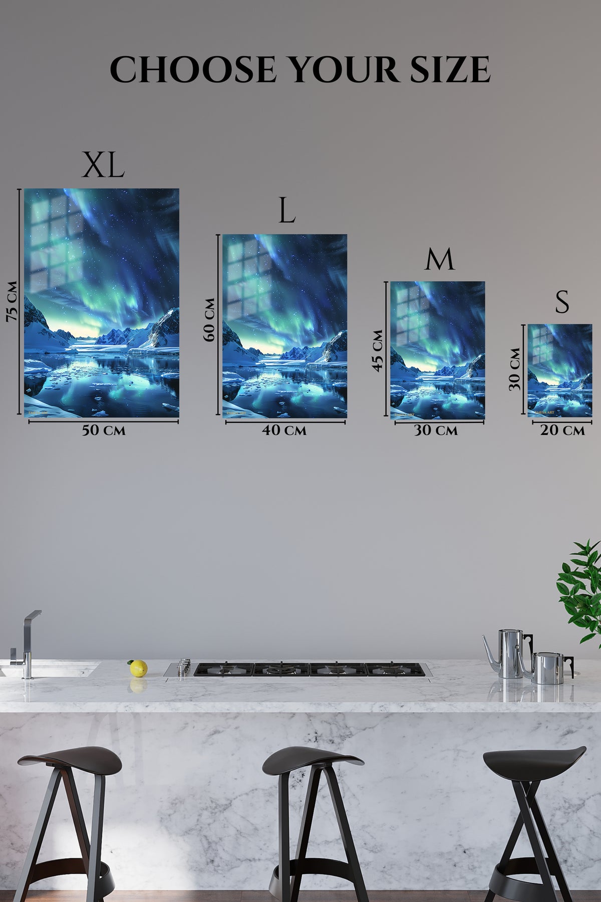 EMESA metal wall art size comparison guide for Aurora Over Frozen Mountain Lake