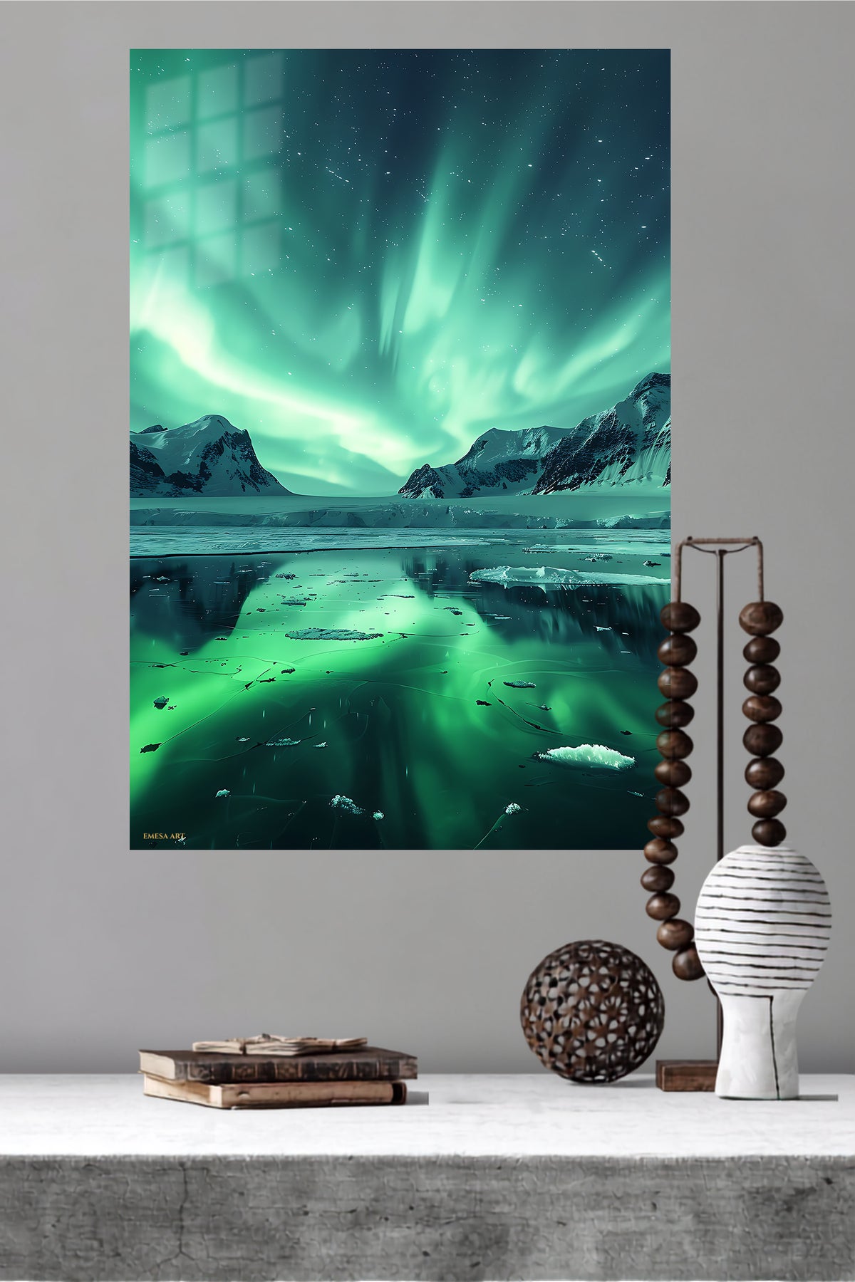 Aurora Over Frozen Peaks metal wall art displayed in a modern interior