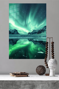 Aurora Over Frozen Peaks metal wall art displayed in a modern interior