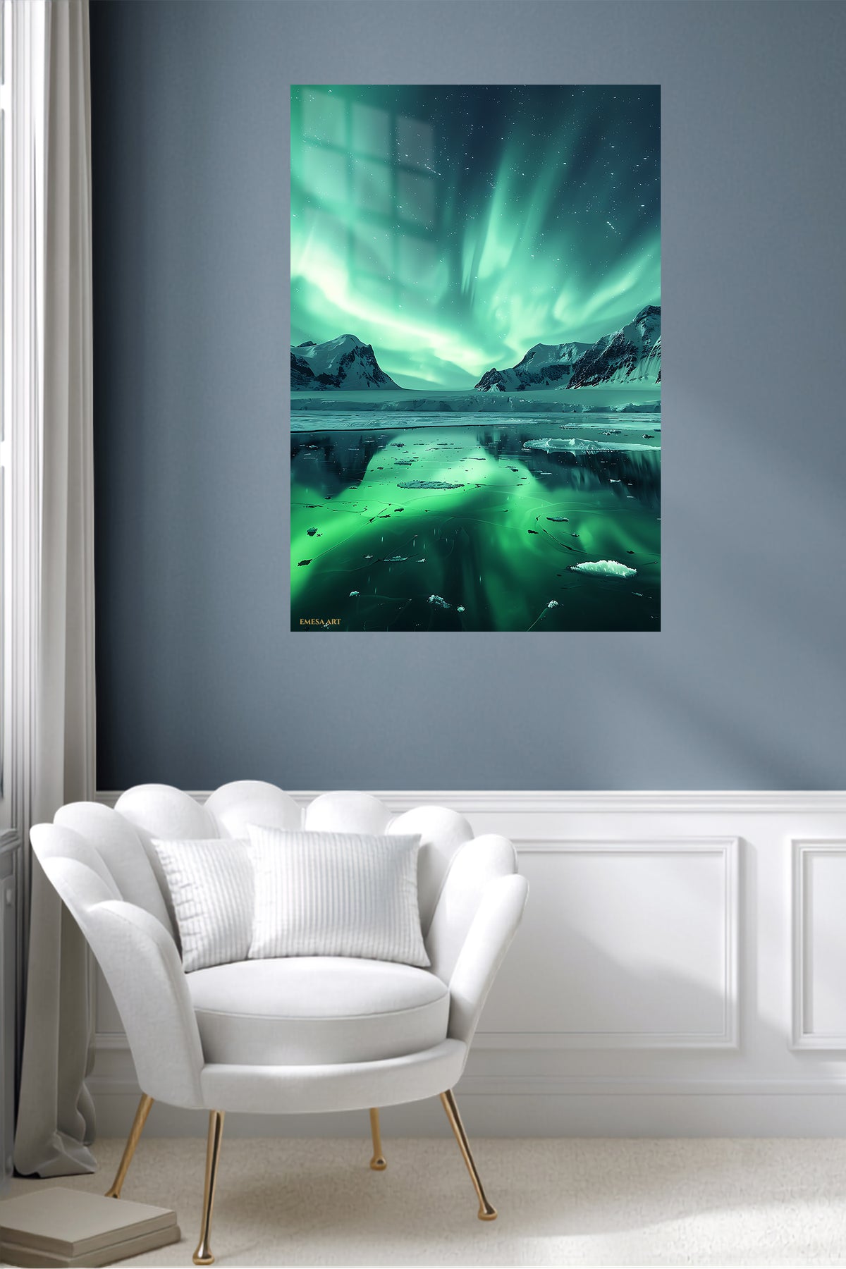 Aurora Over Frozen Peaks metal wall art displayed in a contemporary living space