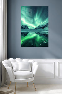 Aurora Over Frozen Peaks metal wall art displayed in a contemporary living space