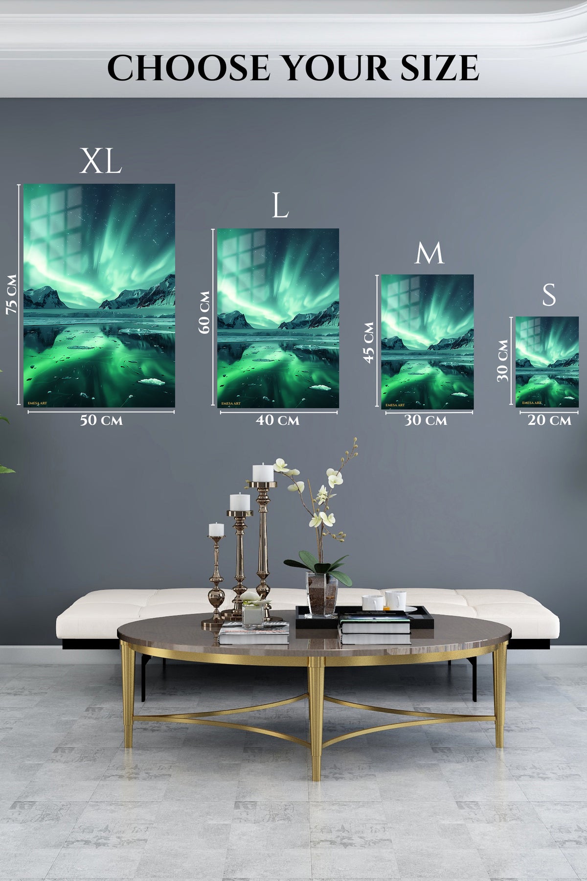 EMESA metal wall art size comparison guide for Aurora Over Frozen Peaks