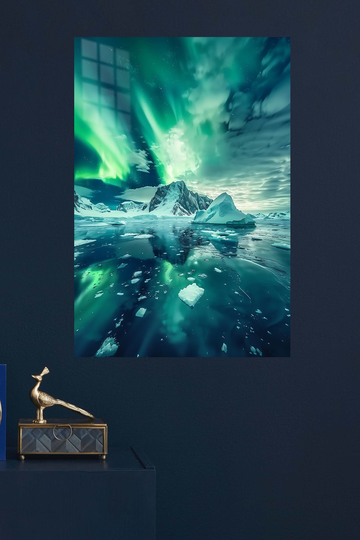Aurora Over Frozen Peaks metal wall art displayed in a modern interior