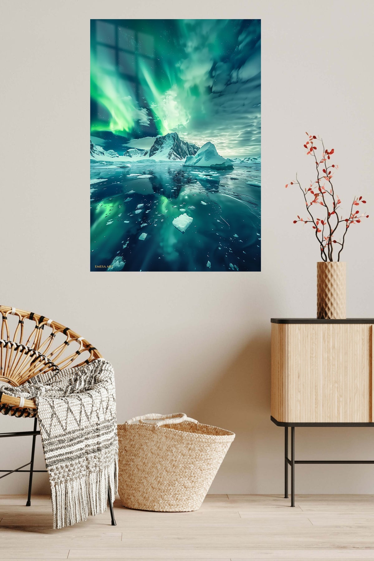 Aurora Over Frozen Peaks metal wall art displayed in a contemporary living space