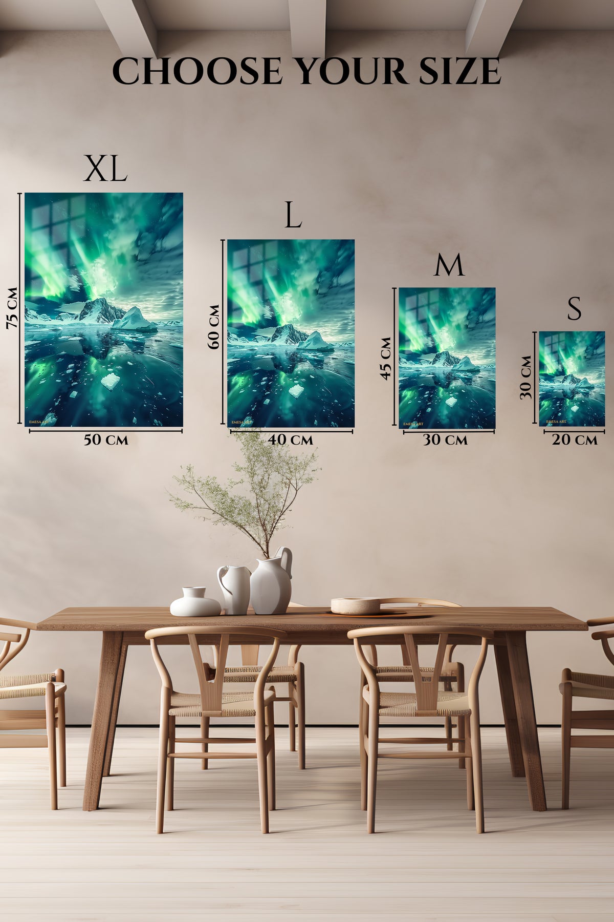 EMESA metal wall art size comparison guide for Aurora Over Frozen Peaks