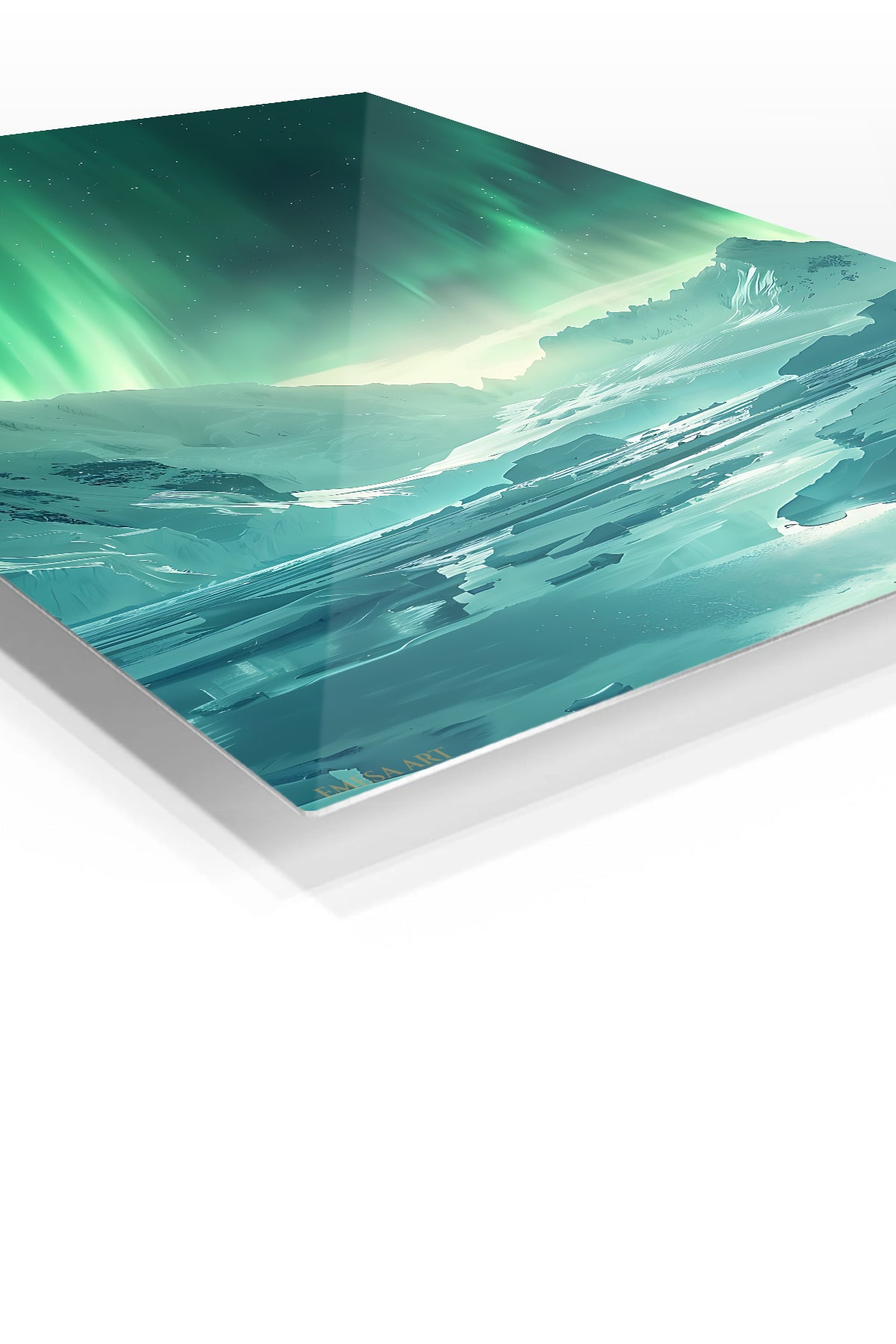Emerald Aurora Over Frozen Peaks premium metal wall art – angled view