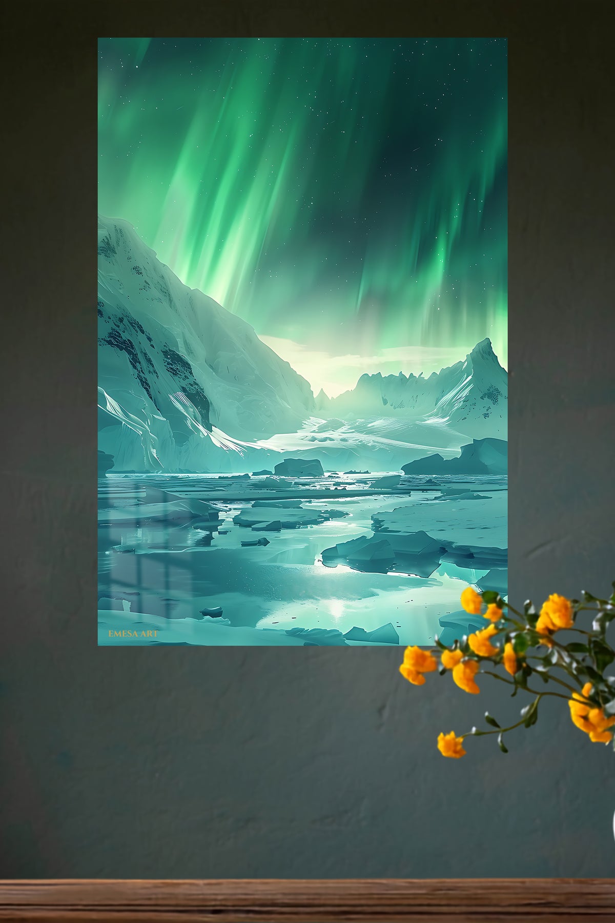 Emerald Aurora Over Frozen Peaks metal wall art displayed in a modern interior
