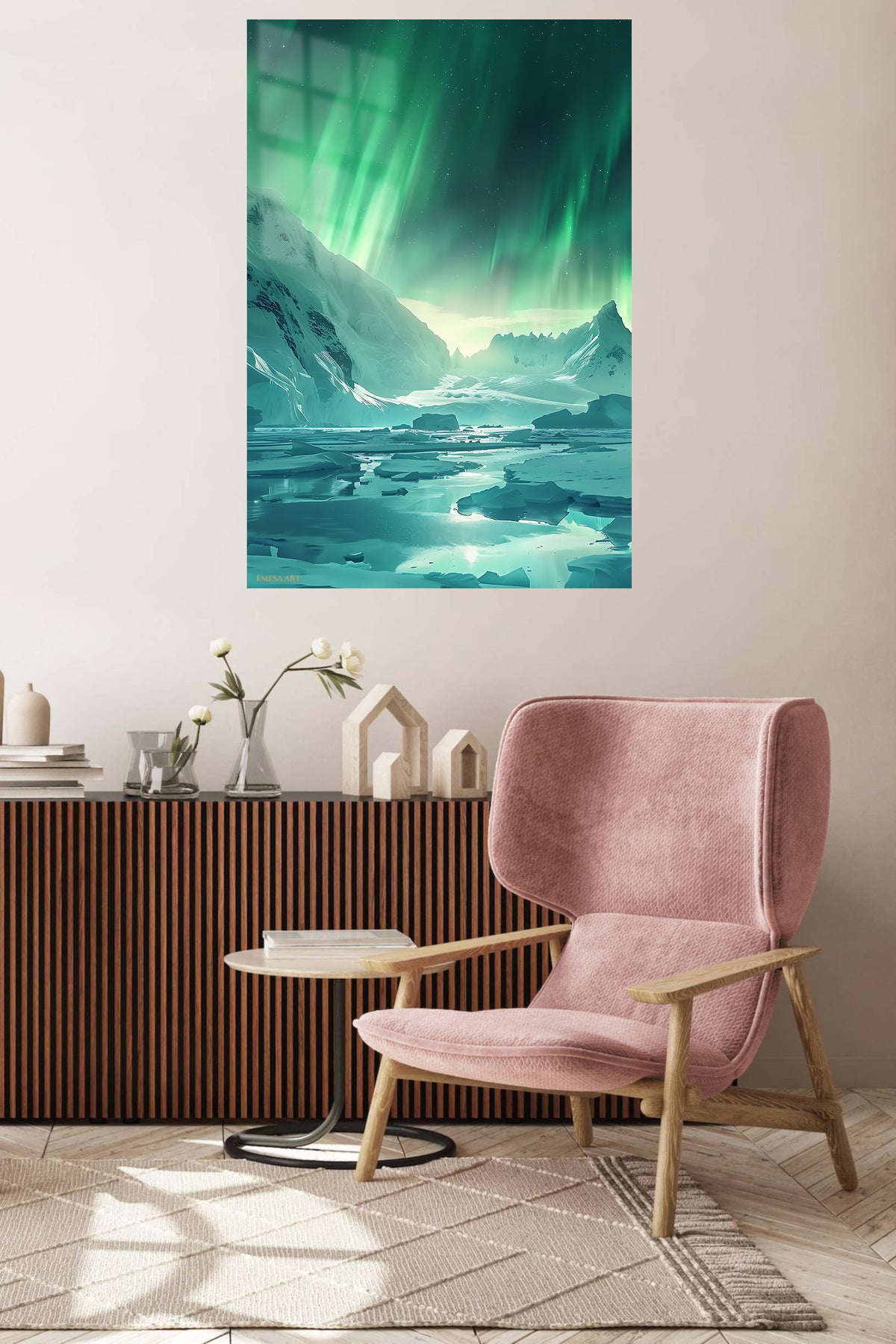 Emerald Aurora Over Frozen Peaks metal wall art displayed in a contemporary living space