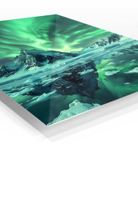 Emerald Aurora Over Icy Peaks premium metal wall art – angled view