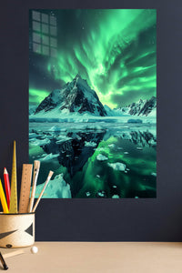 Emerald Aurora Over Icy Peaks metal wall art displayed in a modern interior