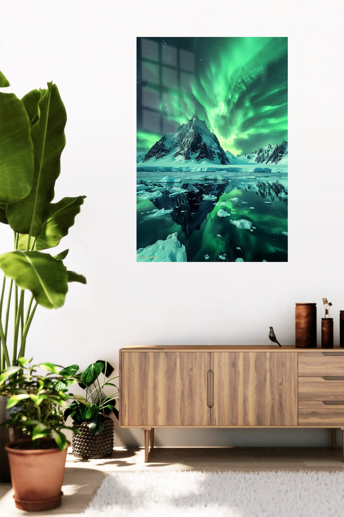 Emerald Aurora Over Icy Peaks metal wall art displayed in a contemporary living space