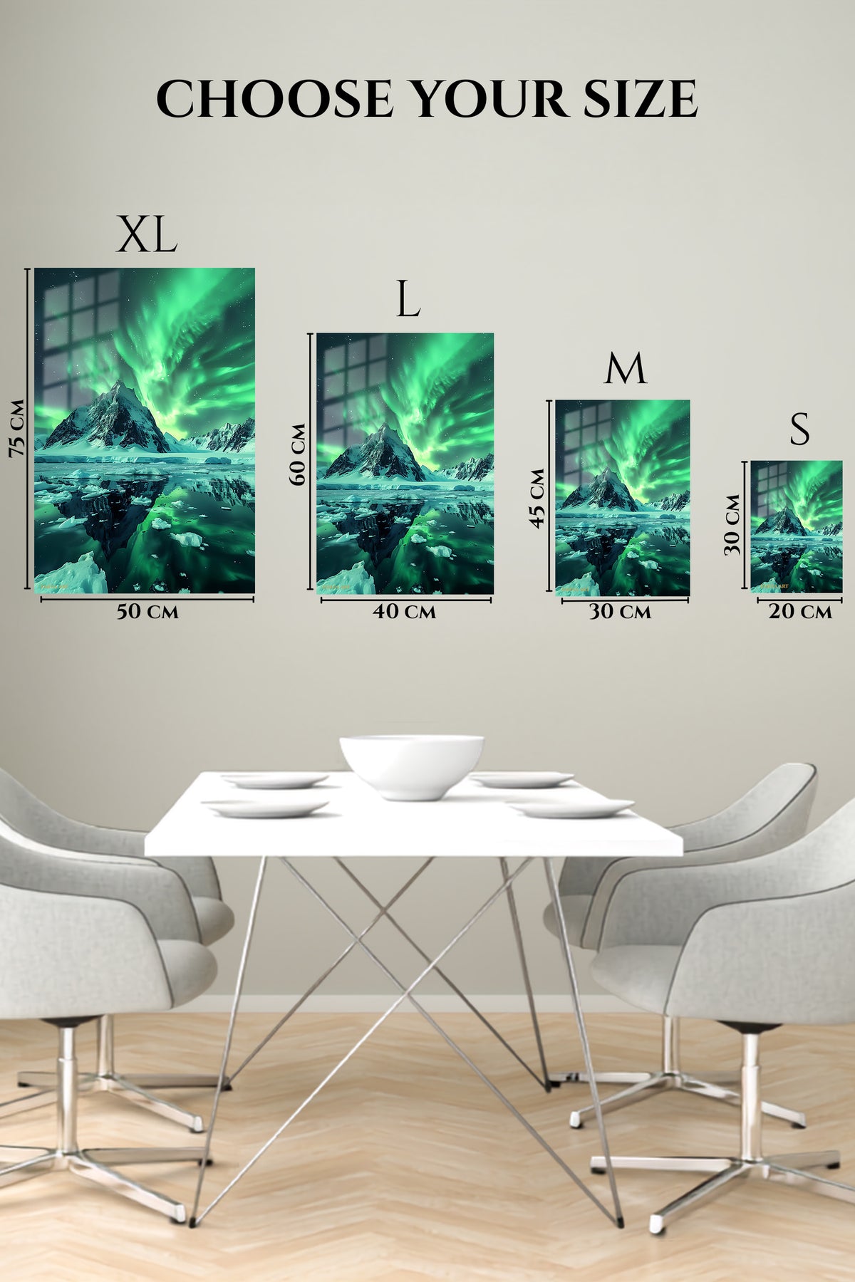 EMESA metal wall art size comparison guide for Emerald Aurora Over Icy Peaks
