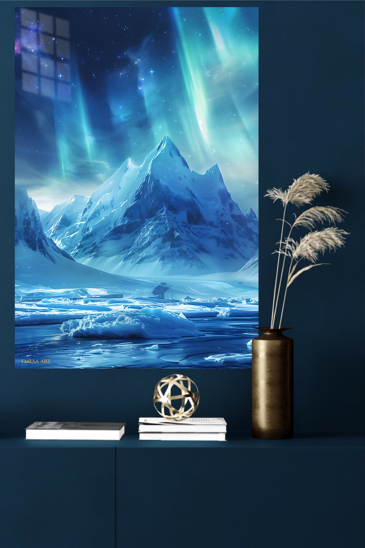 Aurora Over Frozen Peaks metal wall art displayed in a modern interior