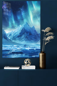 Aurora Over Frozen Peaks metal wall art displayed in a modern interior