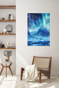 Aurora Over Frozen Peaks metal wall art displayed in a contemporary living space