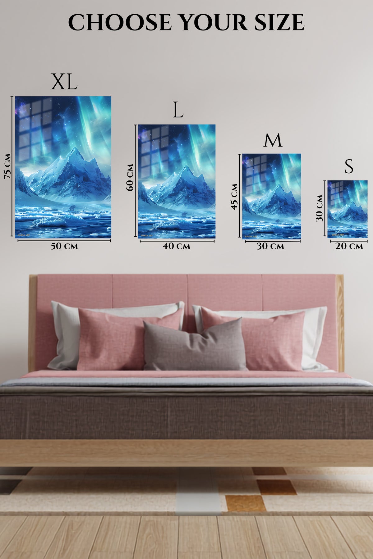EMESA metal wall art size comparison guide for Aurora Over Frozen Peaks