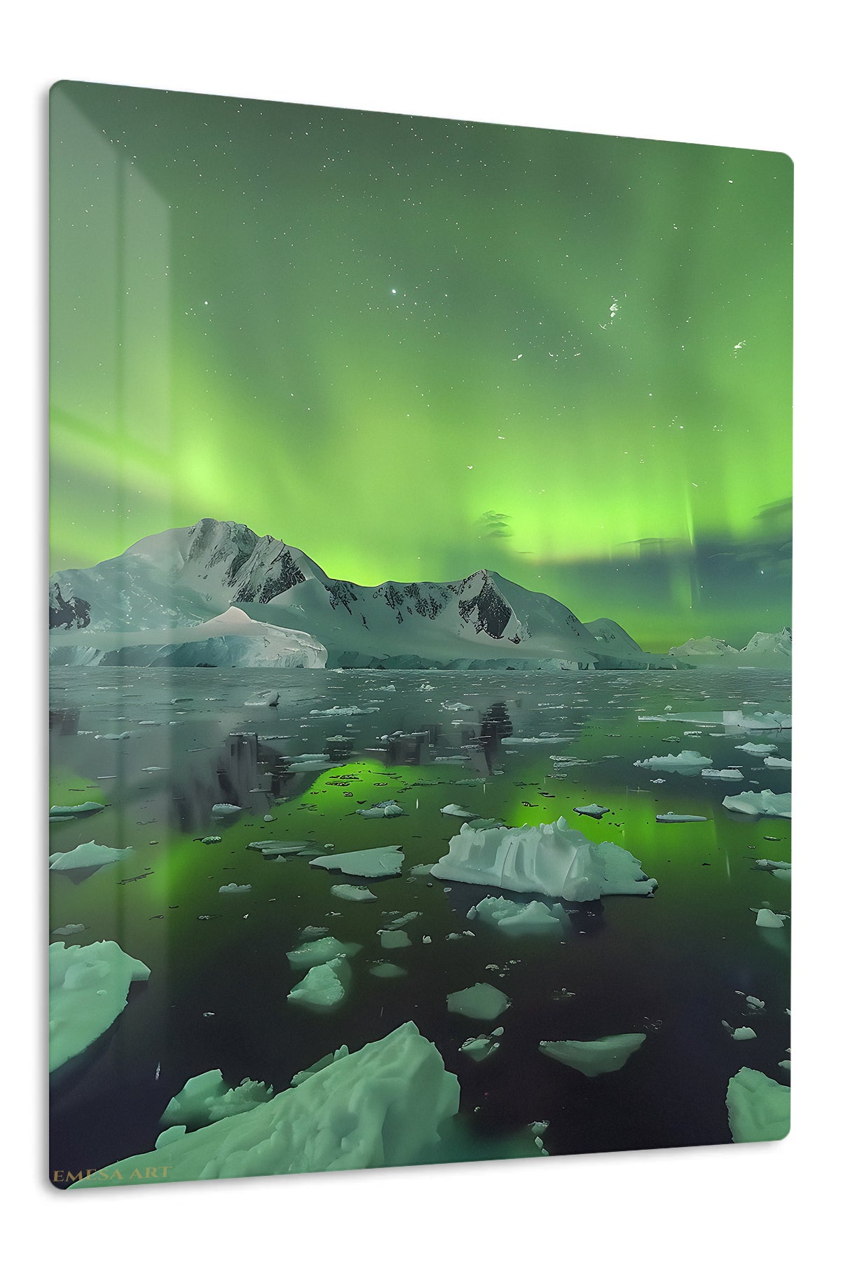 Emerald Aurora Over Icebergs premium metal wall art – front view