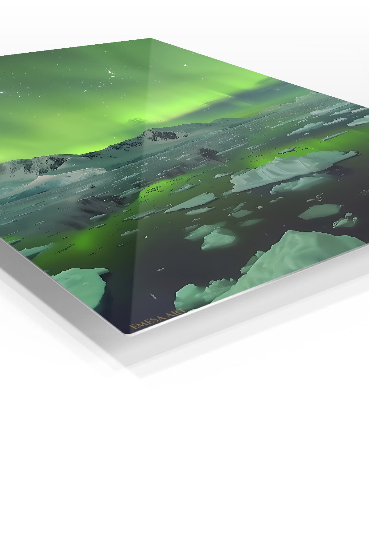 Emerald Aurora Over Icebergs premium metal wall art – angled view