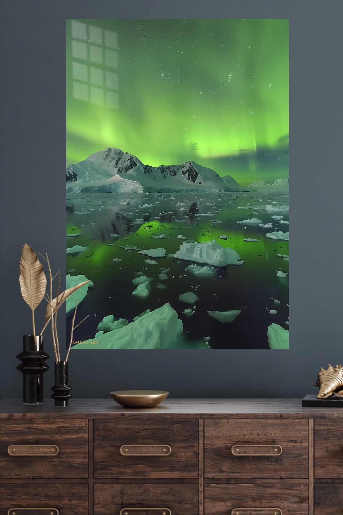 Emerald Aurora Over Icebergs metal wall art displayed in a modern interior