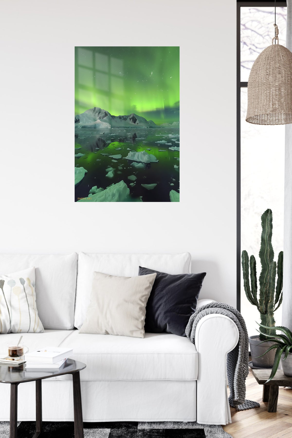 Emerald Aurora Over Icebergs metal wall art displayed in a contemporary living space