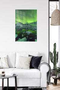Emerald Aurora Over Icebergs metal wall art displayed in a contemporary living space