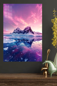 Pink Aurora Mountain Reflection metal wall art displayed in a modern interior