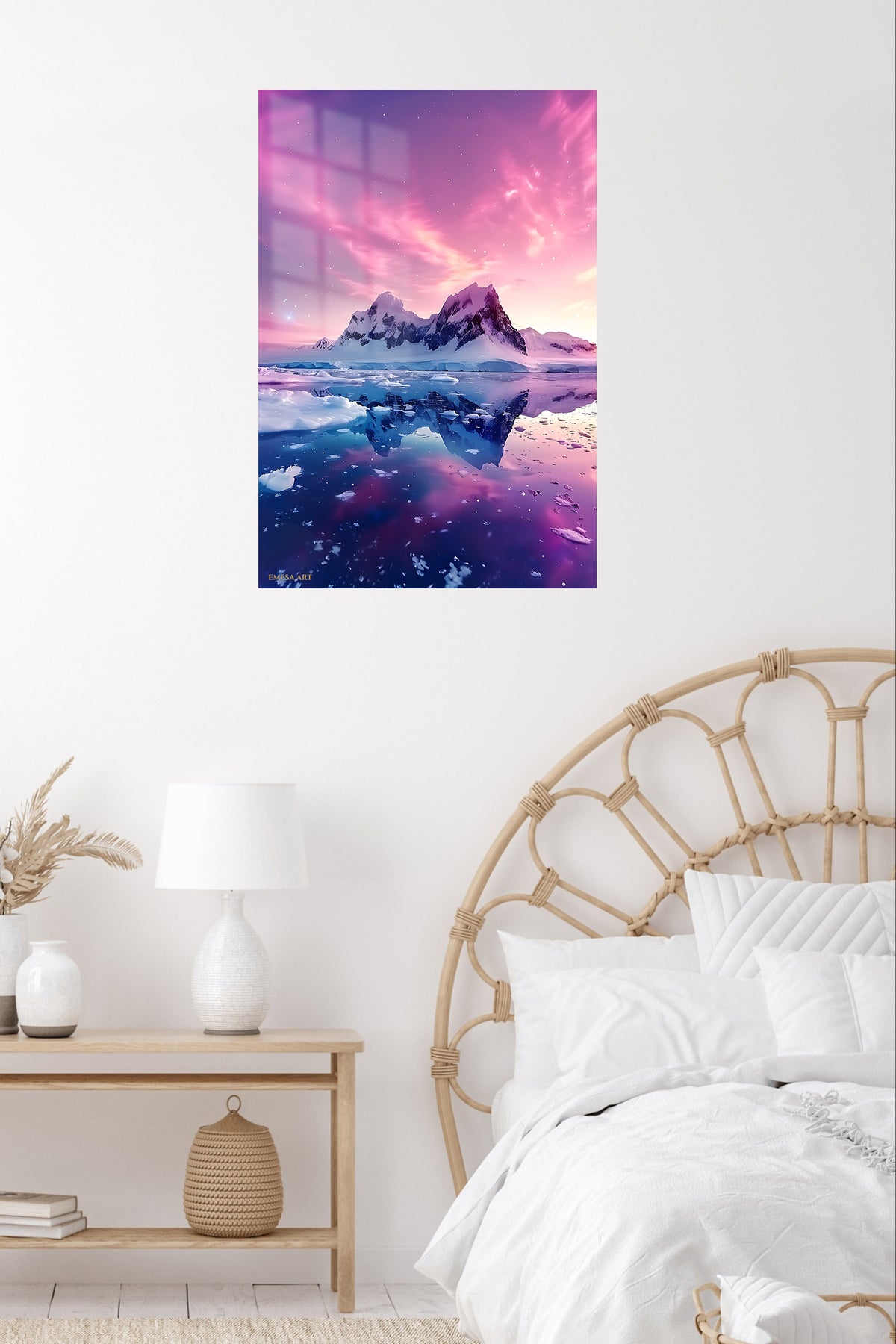 Pink Aurora Mountain Reflection metal wall art displayed in a contemporary living space