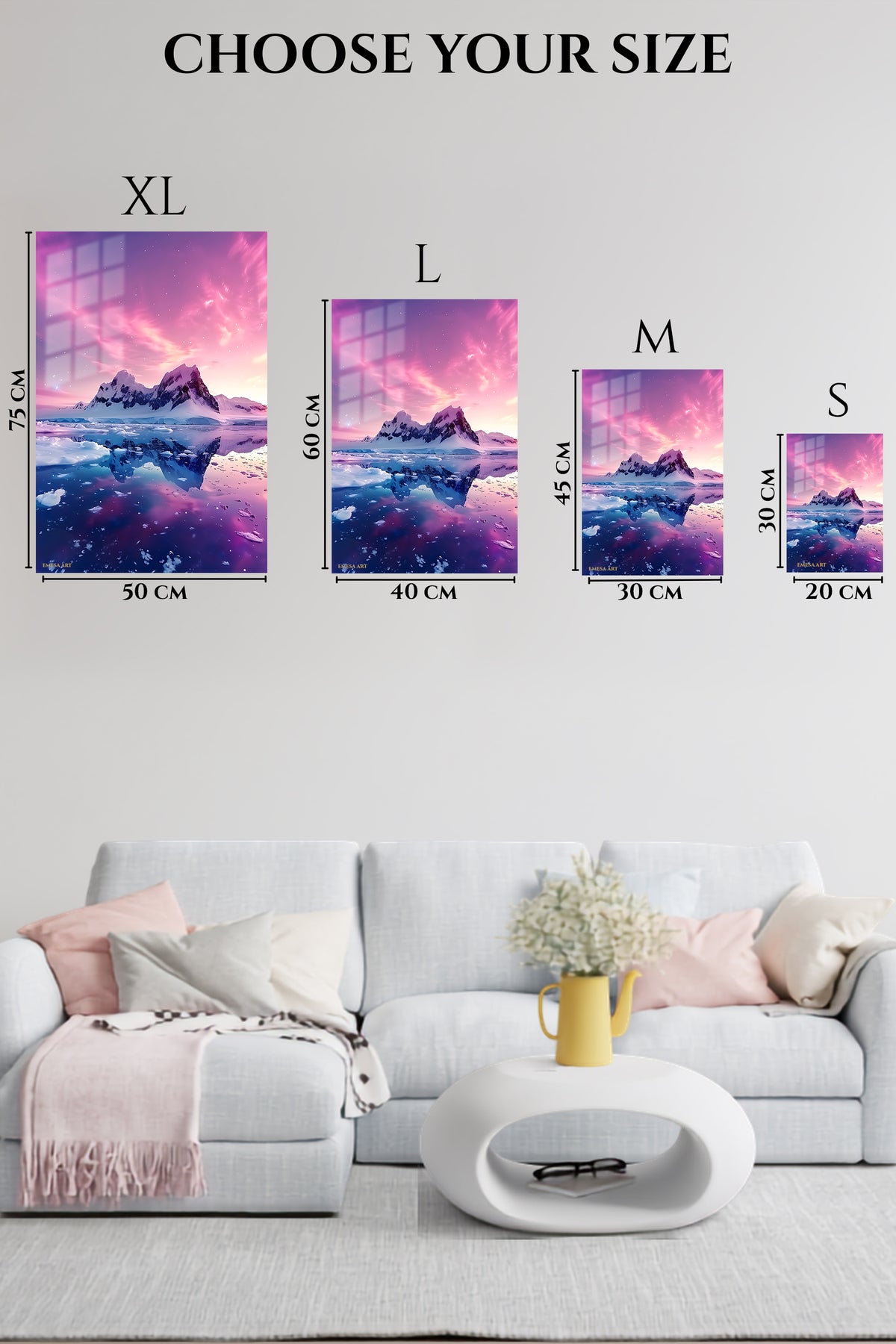 EMESA metal wall art size comparison guide for Pink Aurora Mountain Reflection