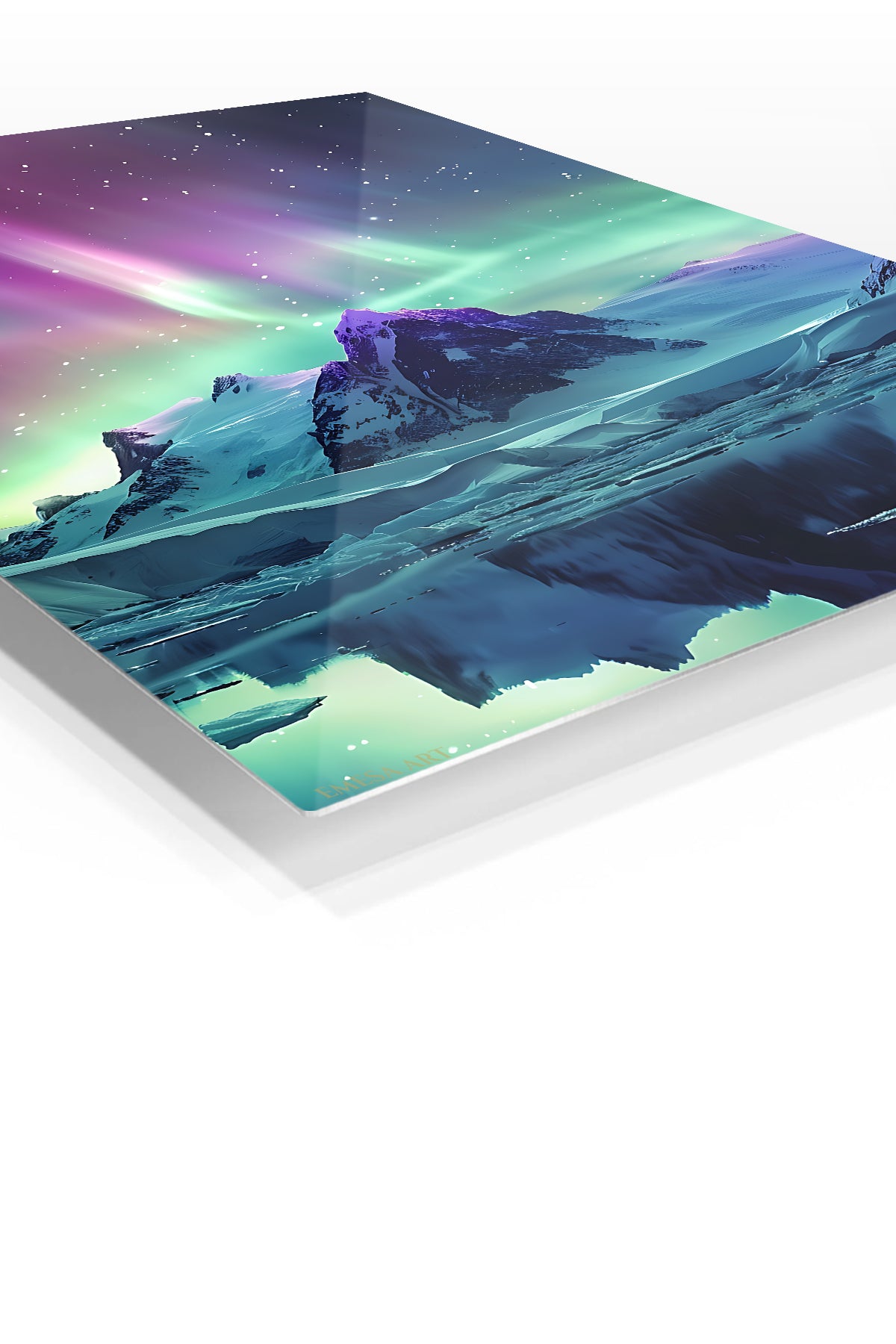 Aurora Over Frozen Peaks premium metal wall art – angled view