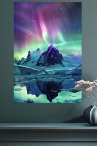 Aurora Over Frozen Peaks metal wall art displayed in a modern interior